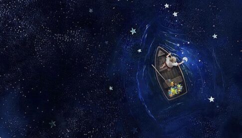 夜空の映った海を少年が木星の小舟で星を集めながら渡っている